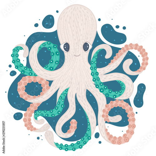 Vector octopus. Cute cartoon character. Colorful marine life. Underwater creatures. Design for the attributes of water park and aquarium. Print for clothes, cards, covers, posters. Sticker, label