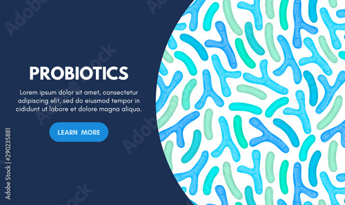 Vector background with probiotics. Bifidobacterium, lactobacillus. Lactic acid bacterium. Microbiome. Medicine or dietary supplement. Landing page, banner, mailing, advertising, label, presentation