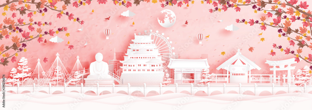 Autumn in Nagoya, Japan with falling maple leaves and world famous landmarks in paper cut style vector illustration