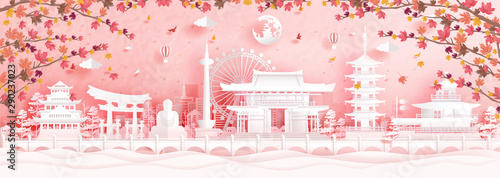 Autumn in Kyoto, Japan with falling maple leaves and world famous landmarks in paper cut style vector illustration
