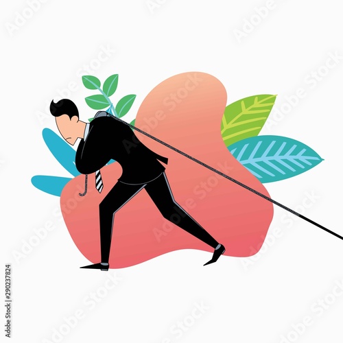 a worker drags a very heavy burden, colorful flat design illustration for business purpose