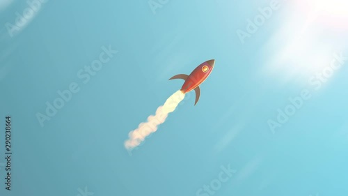  Animation of Rocket launch flying into the sun and passing through the clouds with the soft light , Space Concept.