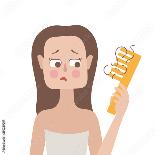The girl is holding a comb in her hand. There's lost hair on the comb. Alopecia. Hair problems. Vector image on white background