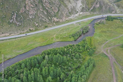 Tuekta river top view, Ongudaysky district, Altai Republic, Russia, summer month of August