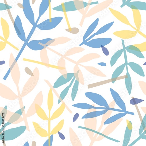 Twigs and leaves hand drawn vector seamless pattern. Forest flora flat background, backdrop. Fern, rowan leafage overlapping silhouettes decorative texture. Floral textile, wallpaper design.