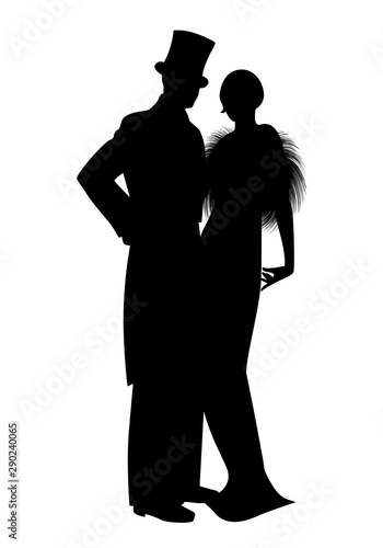 Elegant silhouettes of couple wearing retro style party clothes. Man in top hat and lady with long dress and fur stole, isolated on white background.