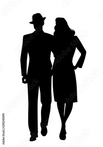 Silhouette of couple walking, wearing retro style clothes, isolated on white background