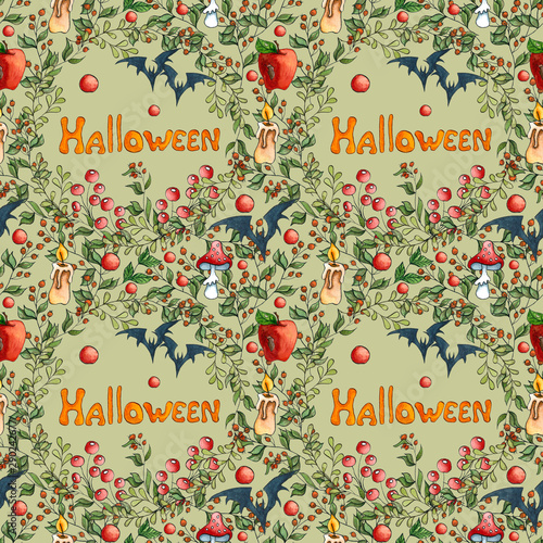Watercolor Halloween seamless pattern. Hand drawn Halloween holiday composition with apple, candle, bat, mushrum and poisin twigs on green background. photo