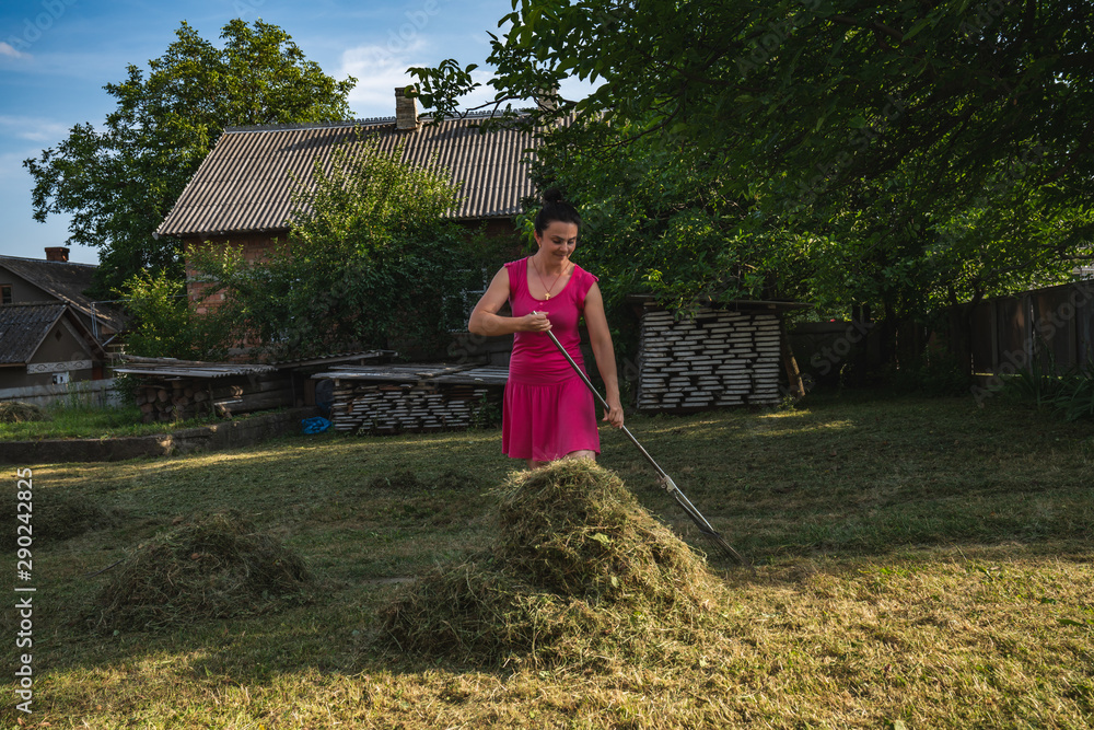 Happy young brunette woman in pink dress collects mowed grass using rake in fronte of the house Happy young brunette woman in pink dress collects mowed grass using rake in fronte of the house