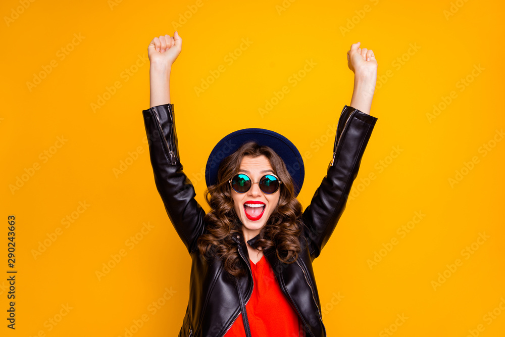 Photo of crazy lady celebrating black friday prices raising hands up wear  casual trendy outfit isolated yellow background foto de Stock | Adobe Stock