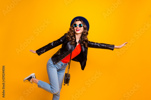 Photo of funny lady spread hands calling taxi auto wear casual stylish outfit isolated yellow color background