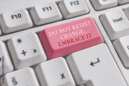 Text sign showing Do Not Resist Change Embrace It. Business photo text Be open to changes try new things Positive White pc keyboard with empty note paper above white background key copy space