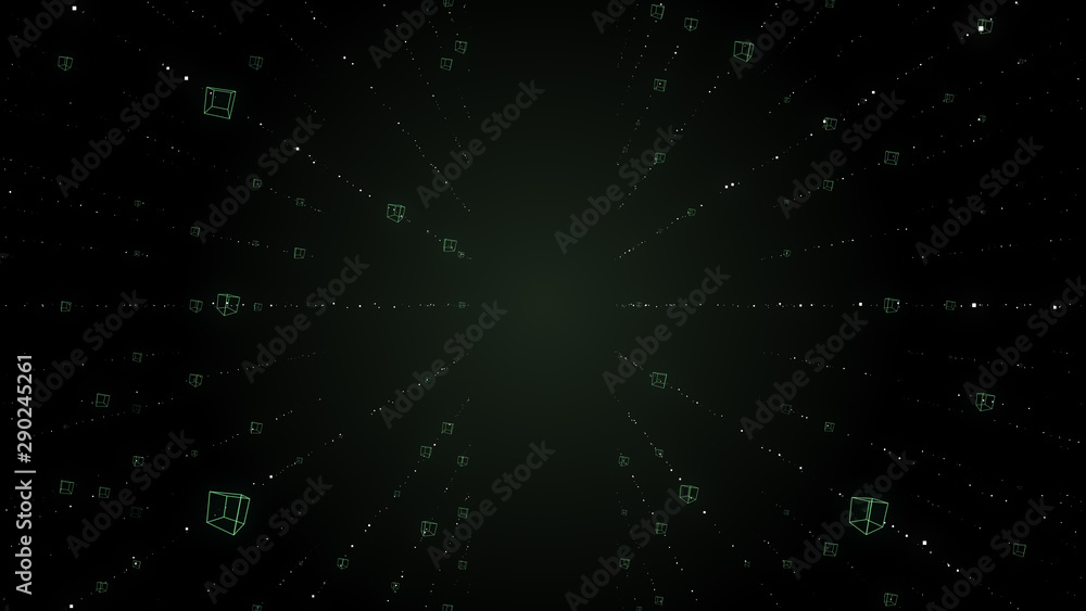 Fototapeta premium Overlaid abstract database blocks on black background.