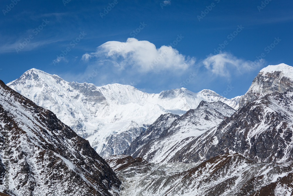 Everest trekking. View of the Himalayan valley. Beautiful view of the mountains of Nepal.