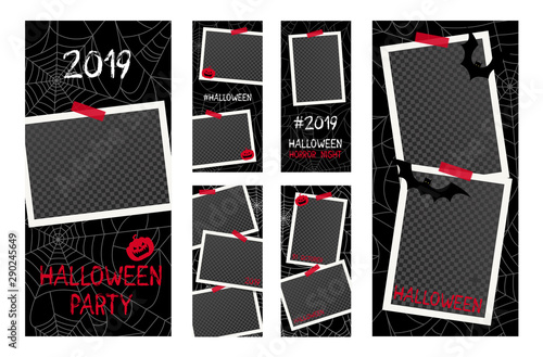 Halloween insta banner with photo frames, spider web, bat, pumpkin on dark, black halloween background for social media stories (app). Scary party flyer templates. Website spooky, trick banner set. 