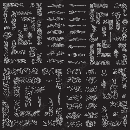 Large collection of elements for design in chalkboard style, black and white colors. Corners, frames, arrows, dividers, signs and symbols, vintage ornament. Wheat, flowers, wave ivy elements