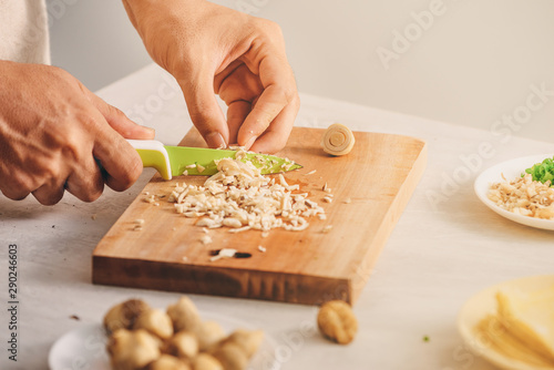 Wrapping Wonton and raw ingredients isolated at kitchen