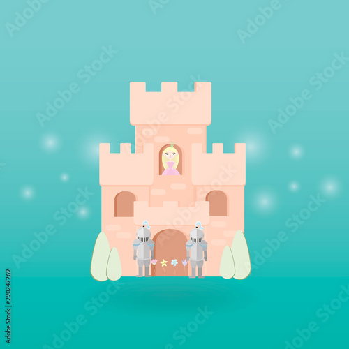 Cartoon medieval fun pink castle with flag. Magic cartoon castle for princess from fairy tale icon. Funny pink cartoon castle with decoration background.