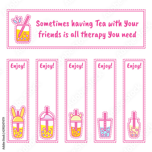 Set of vector tea labels, bookmarks or stickers with kawaii icons: cup of tea, boba-tea with bubbles, coffee ans other drinks. Perfect for cafe, restaurant, tea-houses merchandise, tea packages
