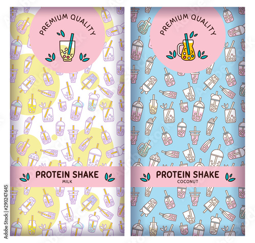 Vector background for protein shake packages, individual pack, labels, stickers. Volumetric, realistic pack for milk, coconut sort of smoothie design. Bottles, shakers, cups, leaves cute pattern