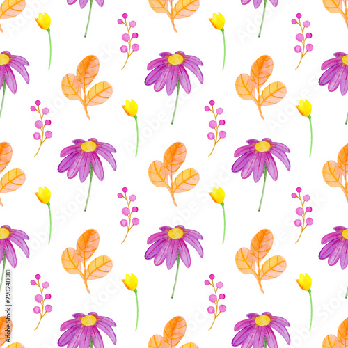 Watercolor pattern with leaves and daisy flowers.