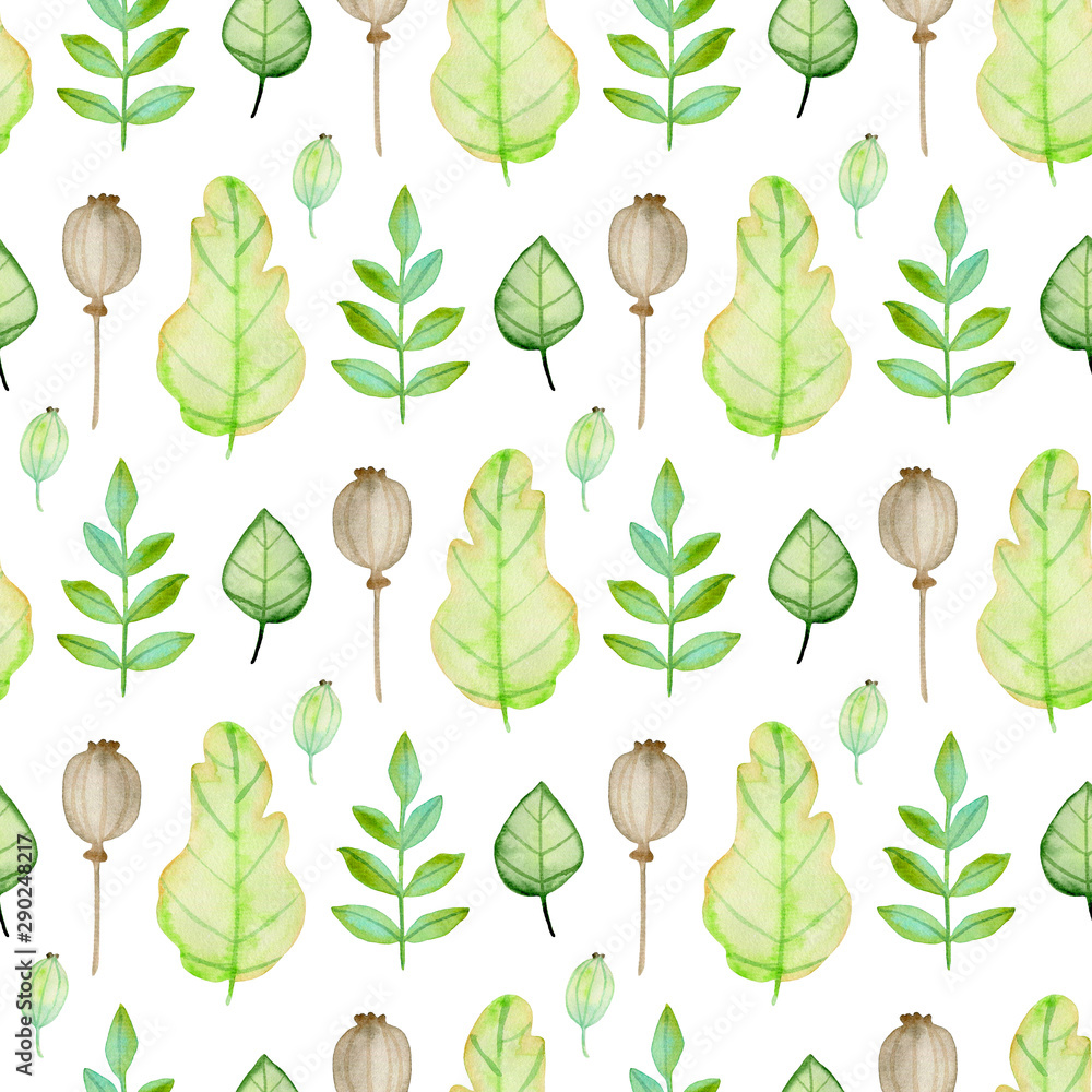 Pattern with green leaves and poppy seeds.