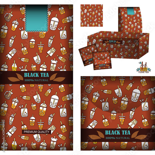 Vector backgrounds for tea design. Realistic template for tea-bags, tea packets and box with label, logo and sticker. Set for black tea, brown color palette. Pattern with cups, bottles, drinks enabled