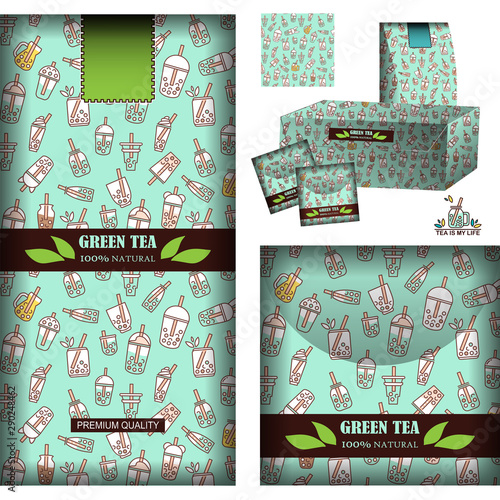 Vector backgrounds for tea design. Realistic template for tea-bags, tea packets and box with label, logo and sticker. Set for green tea, mint color palette. Pattern with cups, bottles, drinks enabled