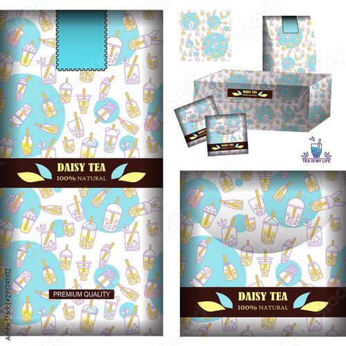 Vector backgrounds for tea design. Realistic template for tea-bags, tea packets and box with label, logo and sticker. Set for daisy tea, light color palette. Pattern with cups, bottles, drinks enabled