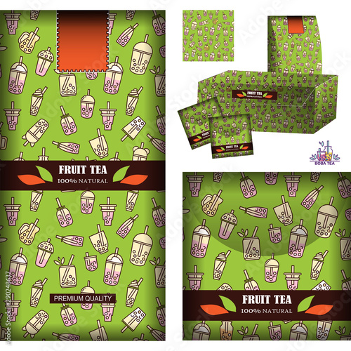 Vector backgrounds for tea design. Realistic template for tea-bags, tea packets and box with label, logo and sticker. Set for fruit tea, bright green color palette. Pattern with cups, bottles, drinks 