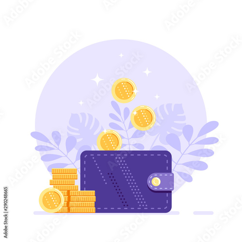 Money wallet with dropping coins, flat design