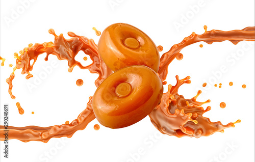 Liquid sweet melted caramel, delicious milk caramel sauce swirl 3D splash with chewy cream toffees candies. Yummy sweet caramel fudge toffee candies, yummy sauce. Advertising design element isolated