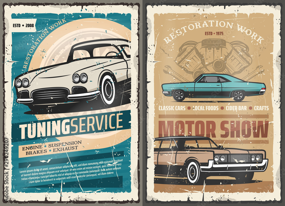 Retro cars tuning service, vintage motor show - obrazy, fototapety, plakaty 