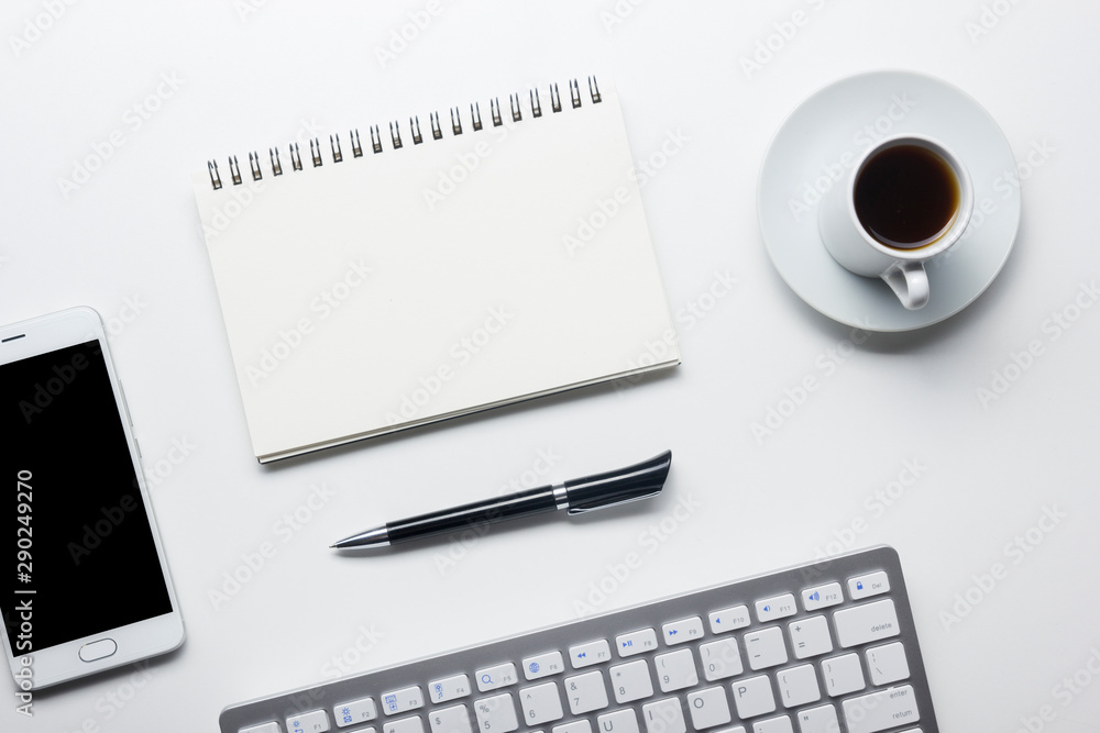 Office desk table with supplies. Flat lay Business workplace and objects. Top view. Copy space for text Office desk table with supplies. Flat lay Business workplace and objects. Top view. Copy space for text