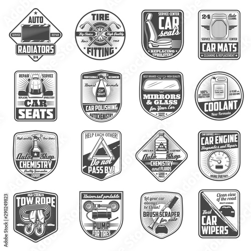 Car service, engine spare parts icons