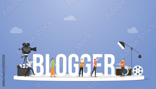 blogger or vlogger concept with big text or word and professional people with some tools with modern flat style - vector