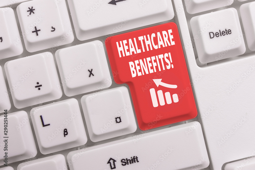 Text sign showing Healthcare Benefits. Business photo text monthly fair market valueprovided to Employee dependents White pc keyboard with empty note paper above white background key copy space Text sign showing Healthcare Benefits. Business photo text monthly fair market valueprovided to Employee dependents White pc keyboard with empty note paper above white background key copy space
