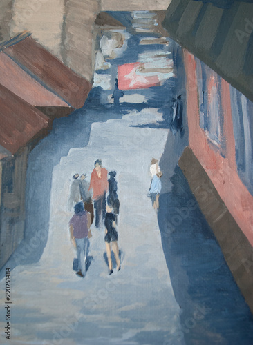 a people on the street among houses, oil painting