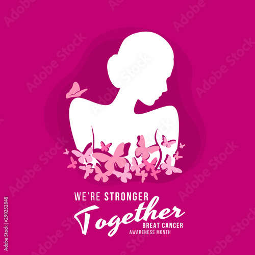 Breast cancer awareness month banner with abstract butterfly fly out of the breast and we are stronger together text vector design