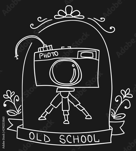 Cute vignette with old camera in sketch. Old school. Vector photo