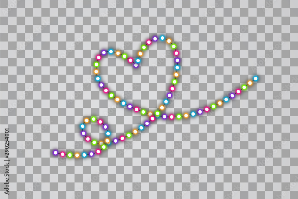 Fototapeta premium Christmas lights with heart one line. Colorful Xmas garland with heart one line. Vector red, yellow, blue and green and purple glow light bulbs on transparent background.