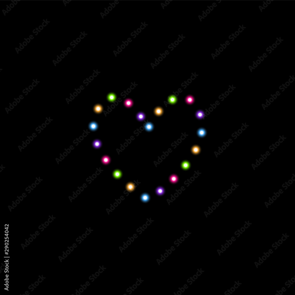 Heart of the multicolored lamps on a black background. Valentines day card. Heart with inscription I Love You. Vector illustration