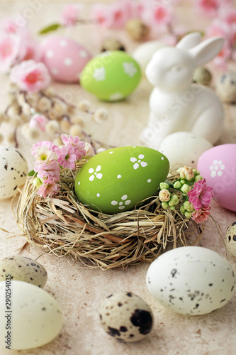 easter eggs and flowers, seasonal table decoration