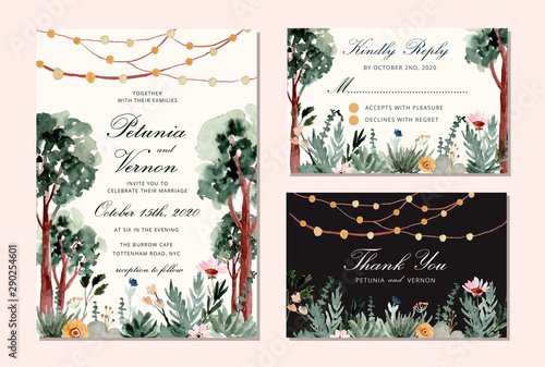 wedding invitation set with tree and string light watercolor background