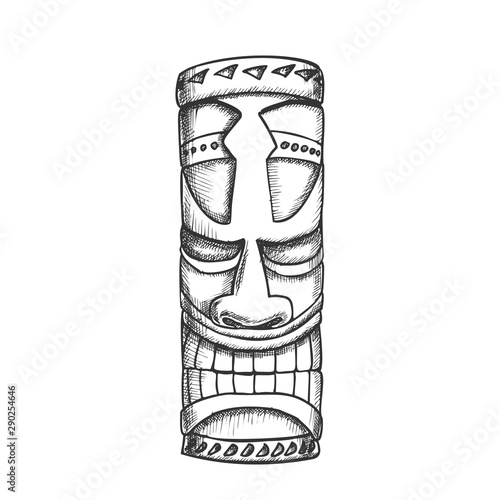 Tiki Idol Hawaiian Wooden Statue Monochrome Vector. Traditional Haaii God Idol. Antique Scary Totem Sculpture Concept Template Designed In Vintage Style Black And White Illustration