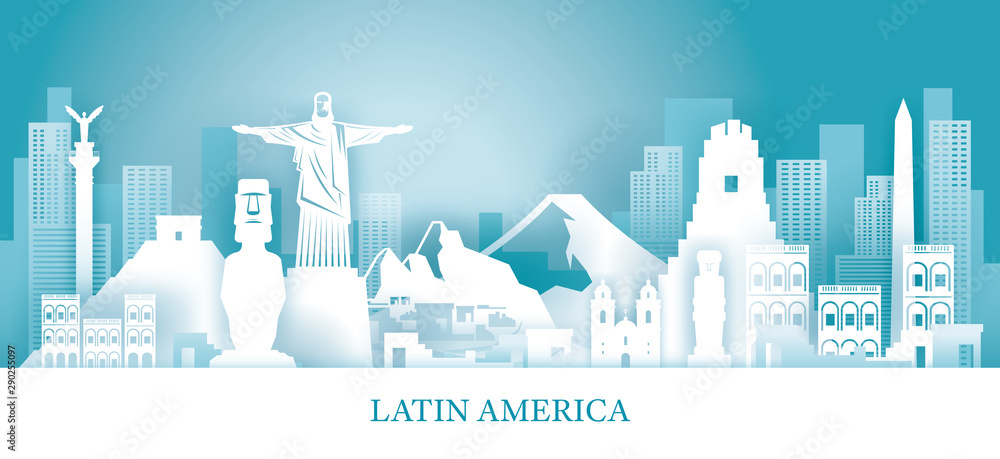 Fototapeta premium Latin America Skyline Landmarks in Paper Cutting Style