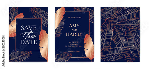 Set of Wedding Invitation cards Banana leaf Tropical, Dark Blue and Golden luxurious, save the date, invitation template, brochure. Business identity style. Invite Vector.