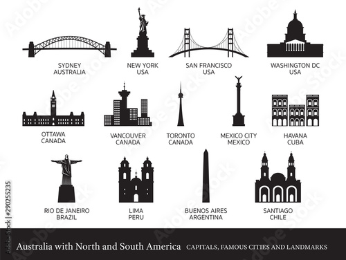America Continent and Australia Cities Landmarks Silhouette