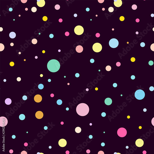 Vector seamless pattern. Simple Abstract design. Little cute shining confetti in punch pastel, festive colors. Perfect for textile, texture, ornament, baby cottons and more, black background