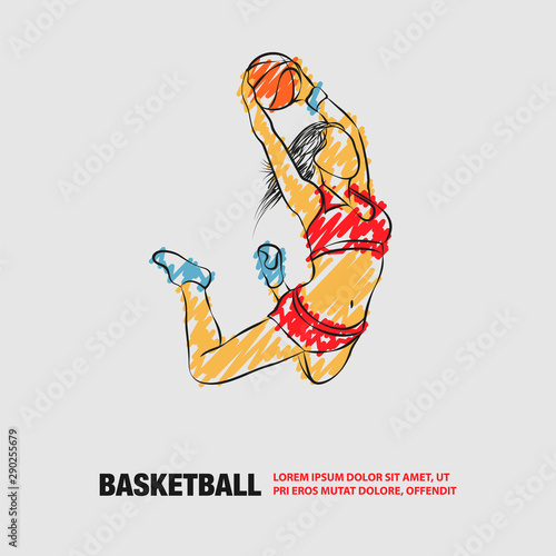 Basketball Slam dunk by Basketball Girl Player. Vector outline of soccer player with scribble doodles.